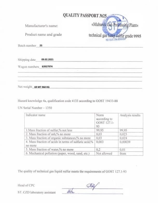 Sulfur product certificate